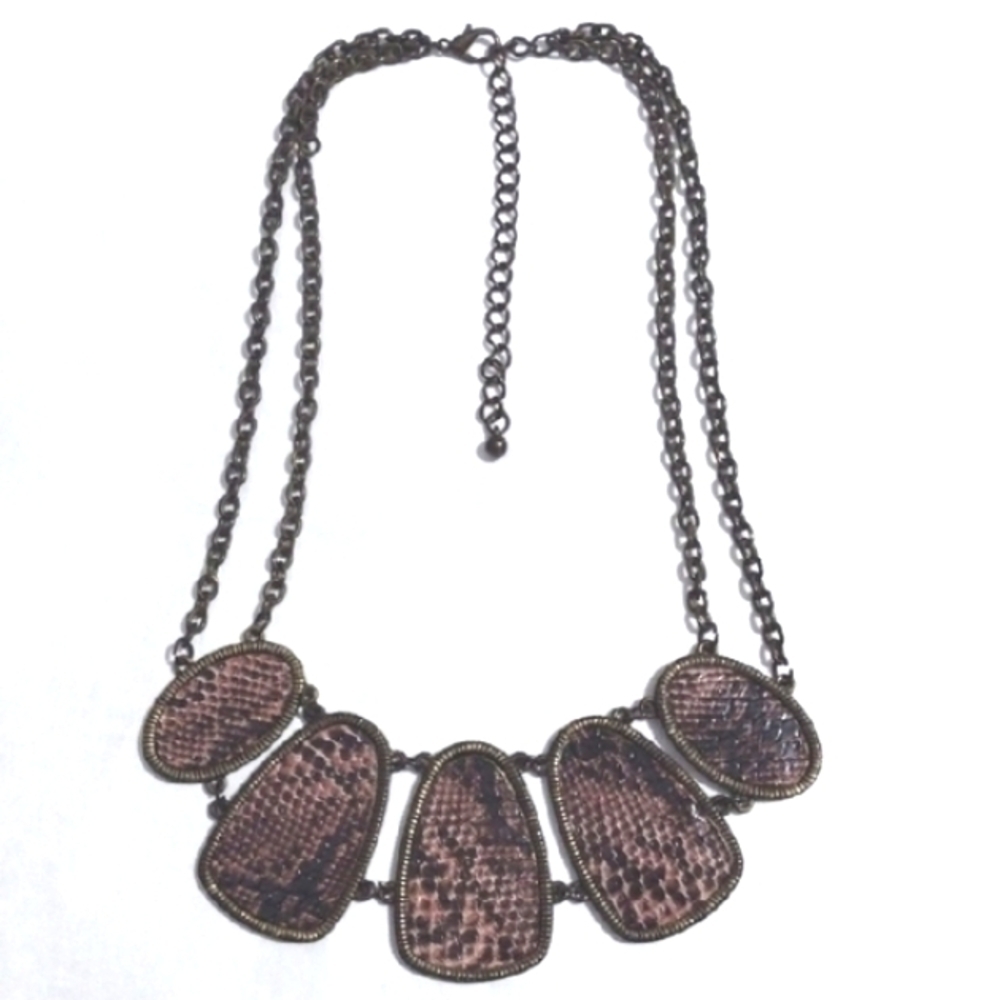 VINTAGE BLACK BROWN LEATHERETTE OVAL DISCS DARK BRASS 2-STRANDED 18-22" NECKLACE